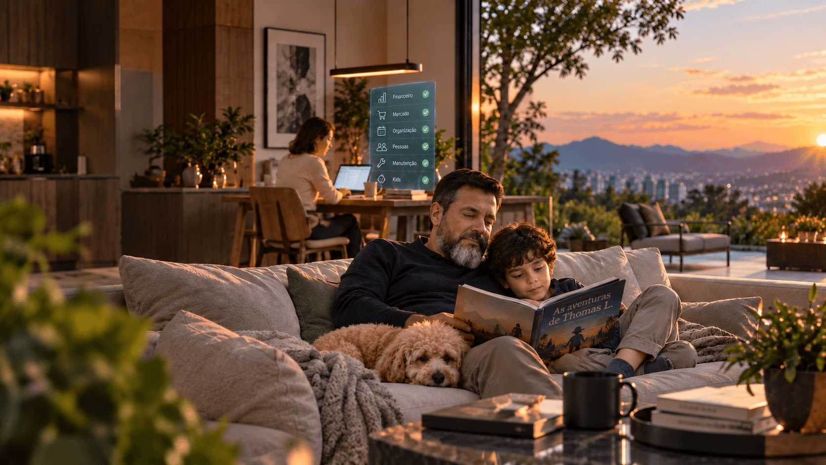 Família compartilhando um momento de leitura com seu cachorro em uma casa acolhedora ao pôr do sol.